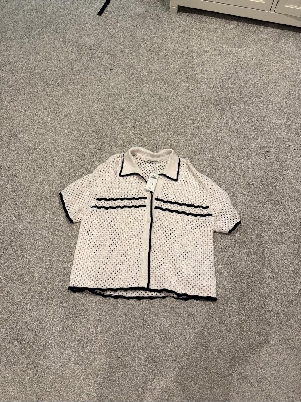 Abercrombie & Fitch White Open-Knit Button Down Shirt with Black Trim
